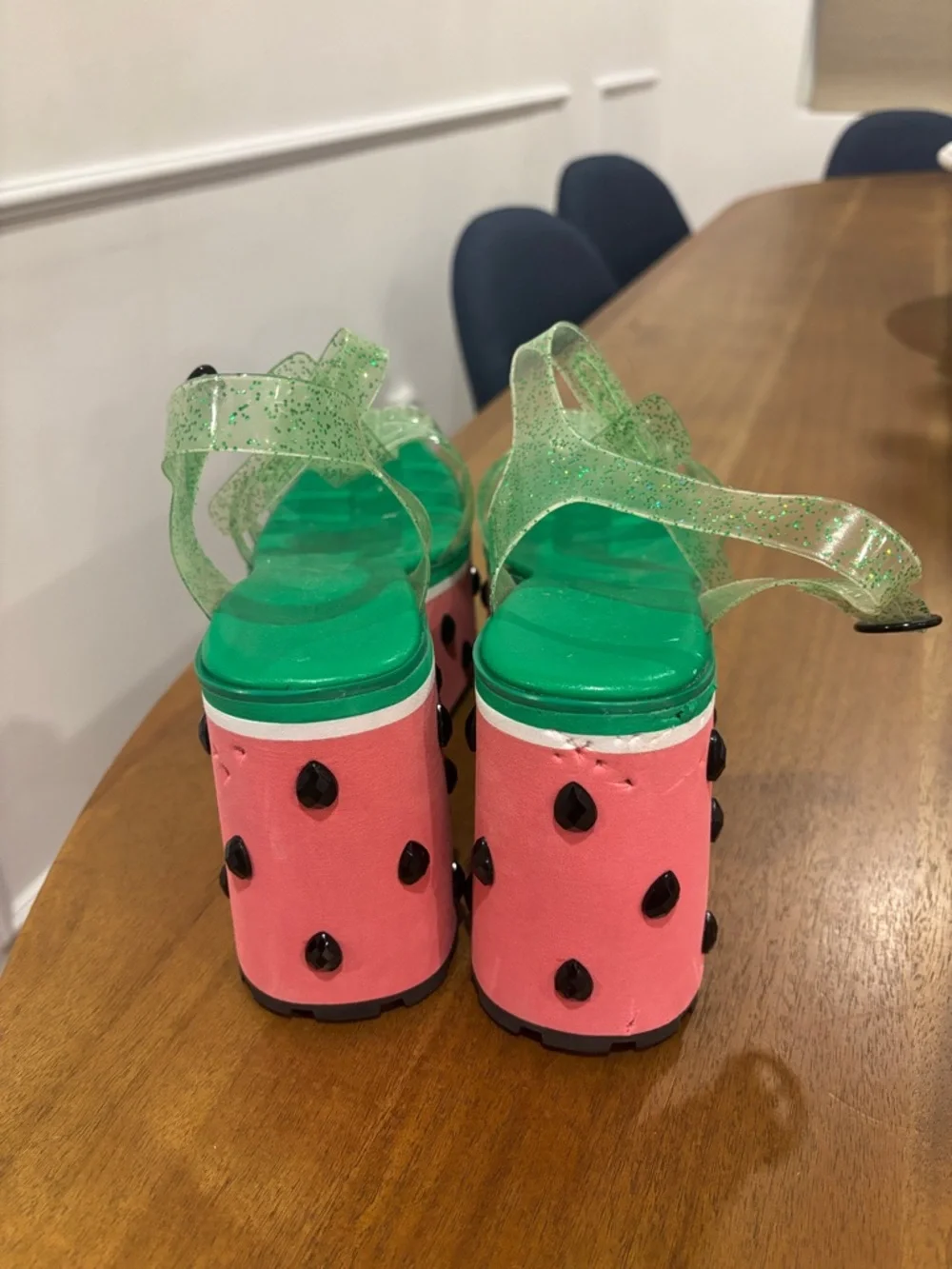 Sugar Thrillz Green Glitter Jelly Platform Sandals with Pink Watermelon Wedge